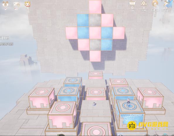 《无限暖暖》巨人墓园右上谜题空间挑战跳上水晶柱使图形的颜色匹配怎么过-巨人墓园右上踩红色蓝色方块奇想星解法图文攻略