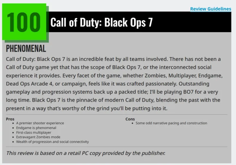 《使命召唤:黑色行动7》评分解析