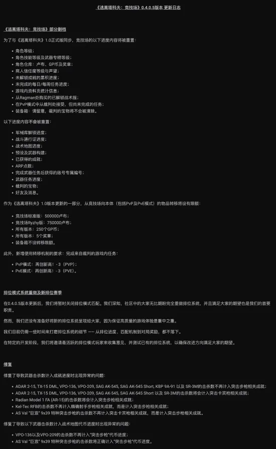 《逃离塔科夫》正式版更新内容介绍-官方更新日志与问题反馈