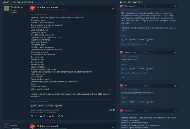 《逃离塔科夫》Steam差评如潮