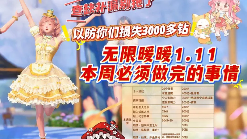 无限暖暖1.11本周必须完成！别拖了！！3000多钻呢！！