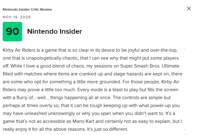 《星之卡比：空中骑士》M站均分78分