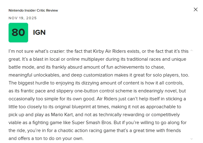 《星之卡比：空中骑士》M站均分78分