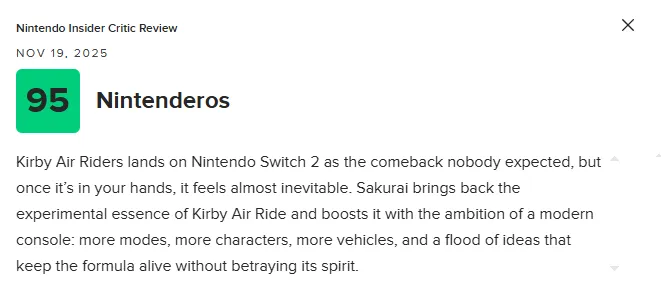 《星之卡比：空中骑士》M站均分78分