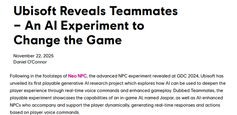 育碧公布新AI研究Teammates