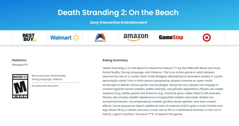 《死亡搁浅2》PC版通过ESRB评级-M级内容与独占时间分析