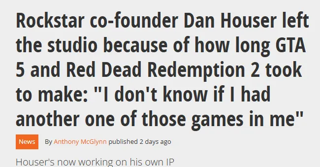 《GTA5》联合创始人丹·豪瑟离开Rockstar
