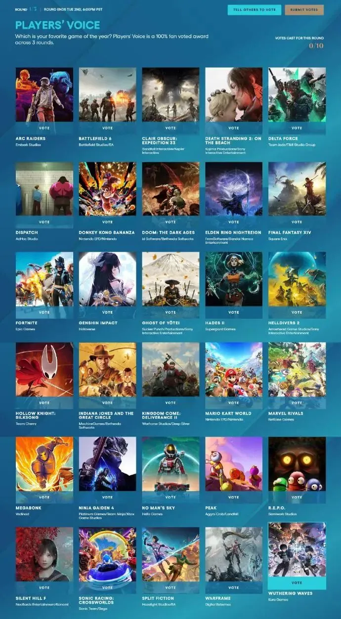 《原神》入围TGA玩家之声奖-国产游戏表现亮眼