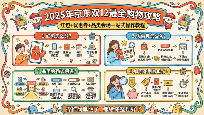 【2025年京东双12最全购物攻略】红包+优惠券+品类会场一站式操作教程！红包怎么领？优惠券怎么领？品类会场如何进？如何买到最低价？操作简单明了，都给你整理好了