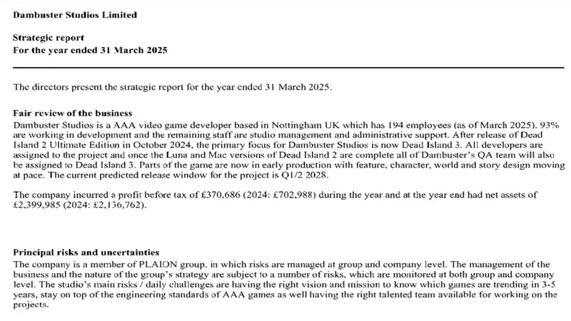 《死亡岛3》2028年Q1/Q2发售计划