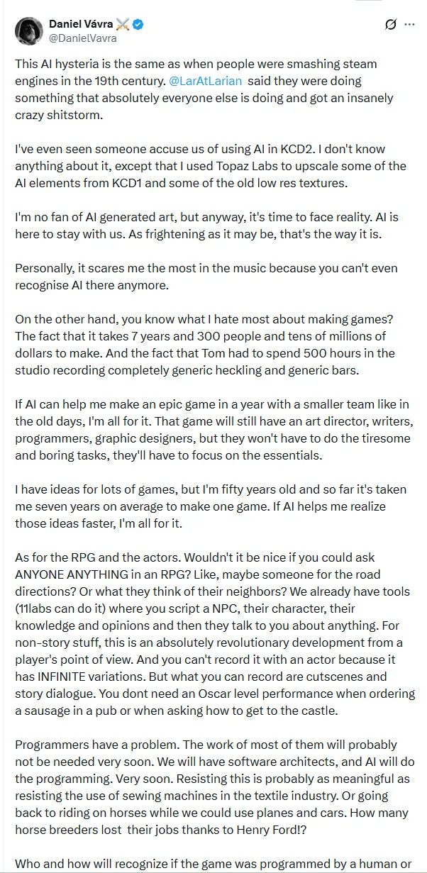 《天国:拯救2》开发商支持拉瑞安