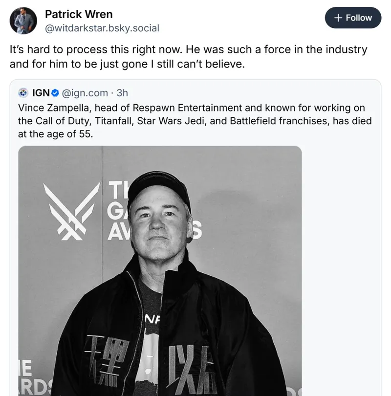 《使命召唤：现代战争》传奇开发者文斯·赞佩拉逝世