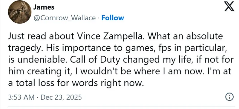 《使命召唤：现代战争》传奇开发者文斯·赞佩拉逝世