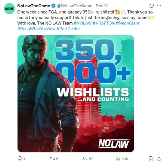 《NOLAW》Steam愿望单突破30万