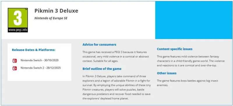 《皮克敏3豪华版》Switch2分级信息曝光