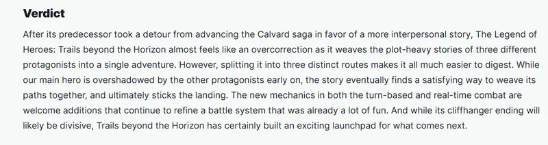 《英雄传说:界之轨迹》M站评分86分