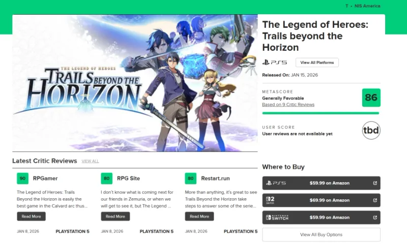 《英雄传说：界之轨迹》M站评分86分