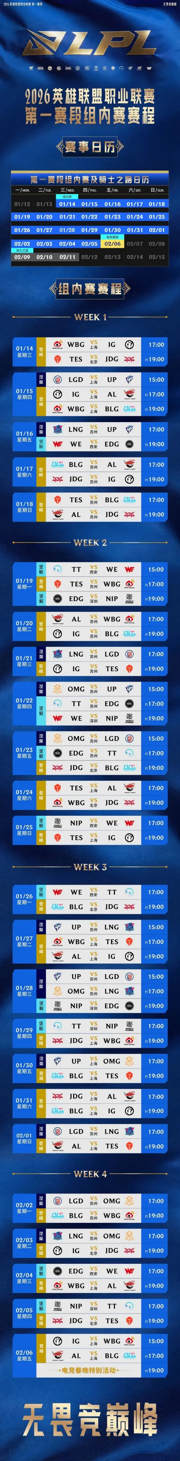 《英雄联盟》2026LPL第一赛段赛程表
