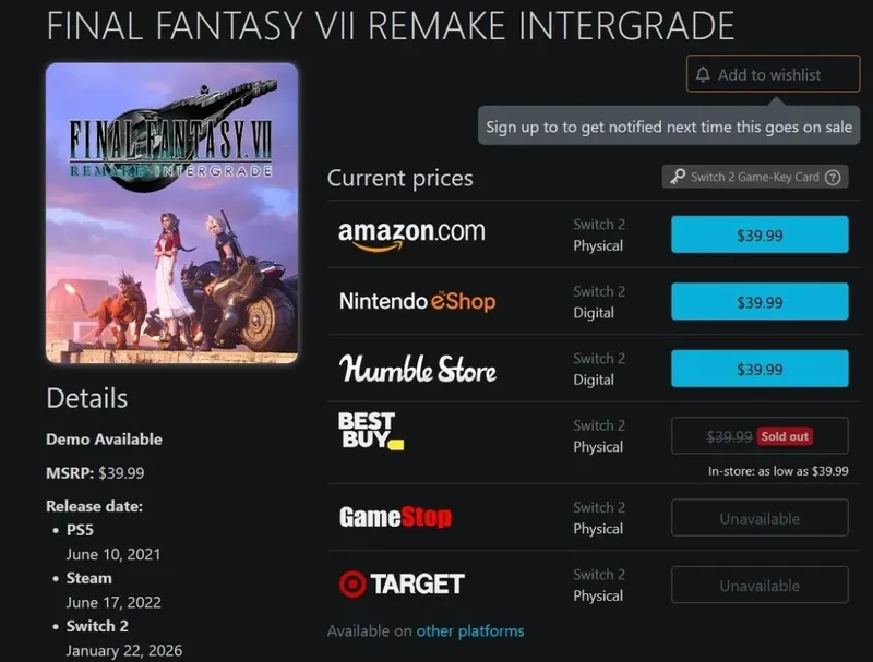 《最终幻想7》NS2重制版实体火爆