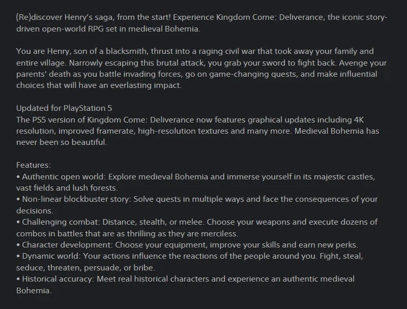 《天国：拯救》PS5强化版或将上线