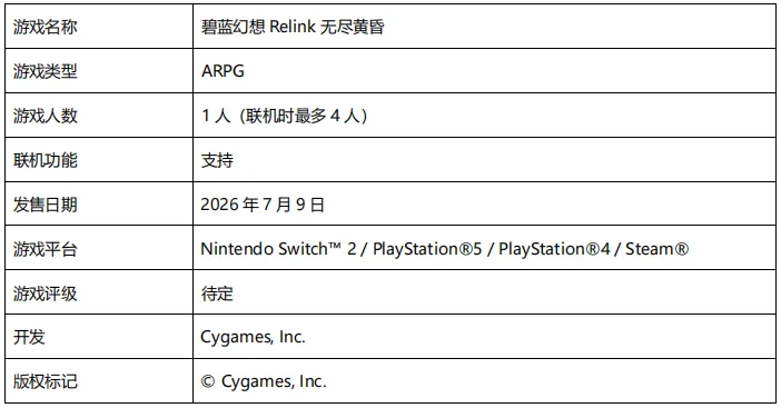 《碧蓝幻想Relink无尽黄昏》2026年7月发售
