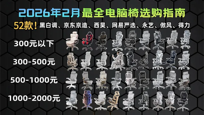 【电脑椅推荐】2026年2月超全选购攻略：从146元到3000元全价位避坑指南，电脑椅、人体工学椅、电竞椅实测解析，永艺、西昊、京东京造、黑白调、傲风全面对比