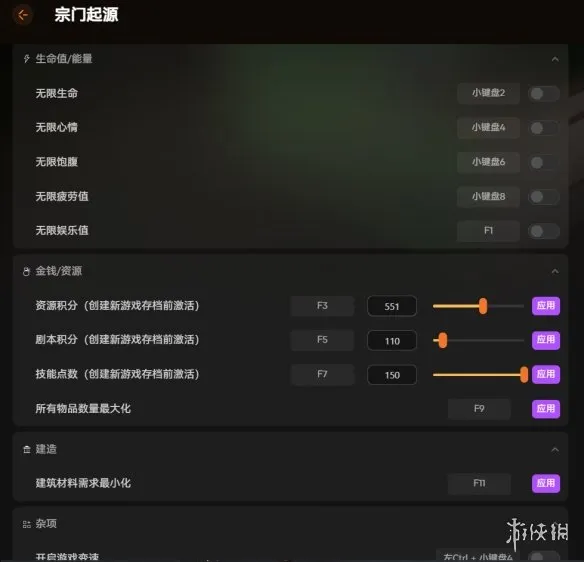 《宗门起源》内置面板详解