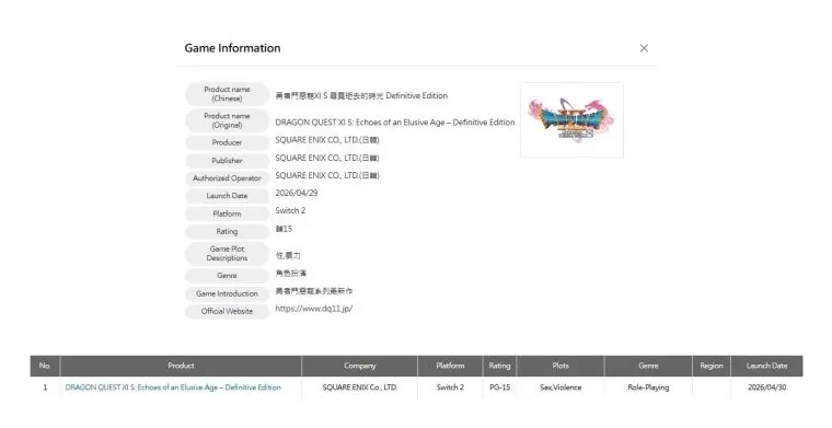 《勇者斗恶龙11s》NS2版获台湾评级