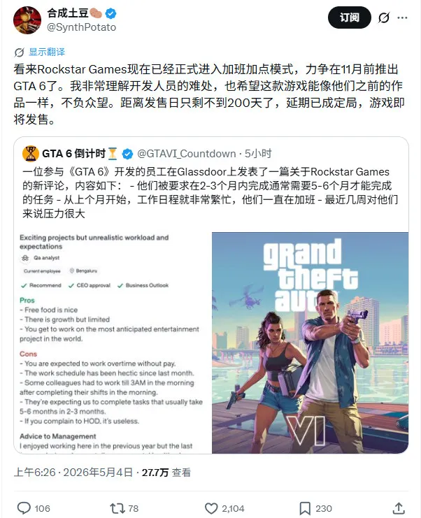 《GTA6》开发加班严重