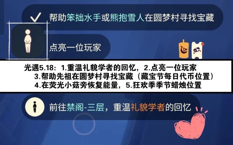 光遇5月18日任务之：1.重温礼貌学者的回忆，2.点亮一位玩家，3.帮助先祖在圆梦村寻找宝藏（藏宝节每日代币位置），4.在荧光小菇旁恢复能量，5.狂欢季季蜡位置