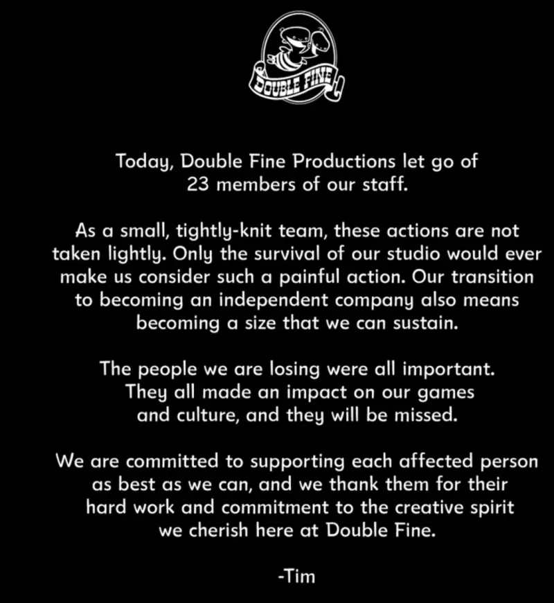 《脑航员》开发商DoubleFine裁员25%