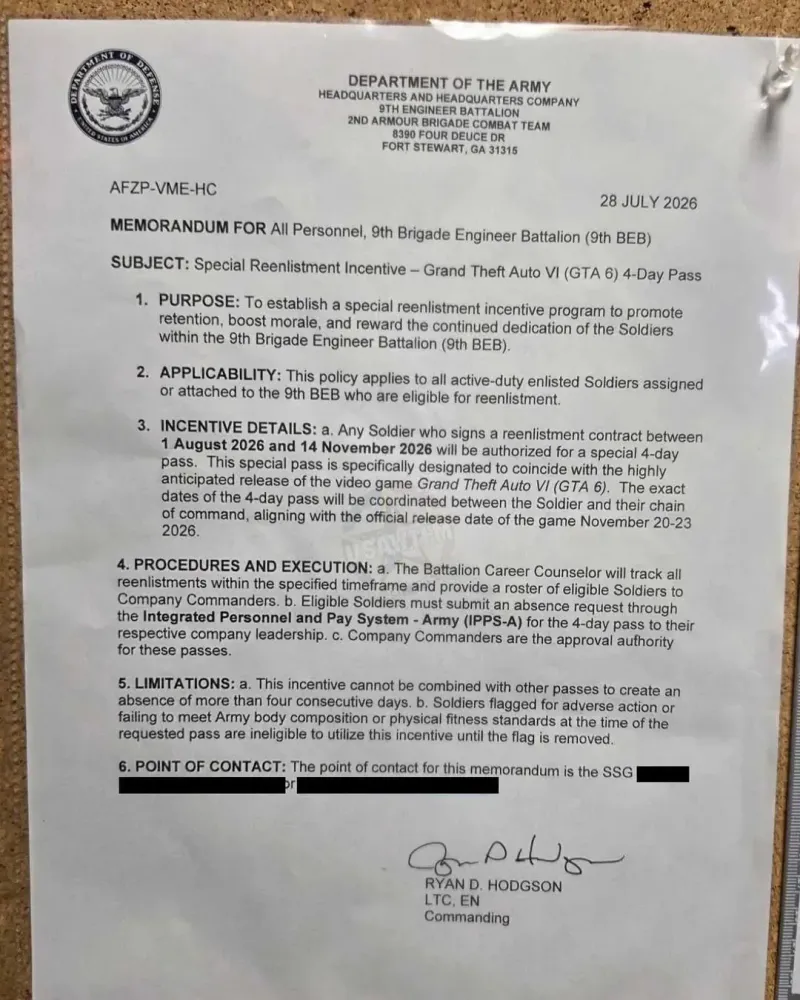 《GTA6》发售美国陆军续签兵役送假期
